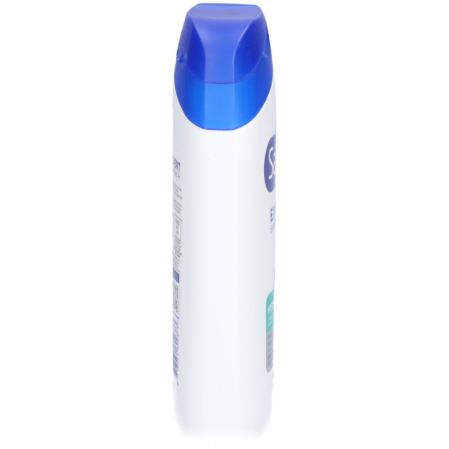 Sanex Expert Skin Health Duschgel-Flasche, Seitenansicht. Weiß mit blauem Deckel. Text nicht lesbar.