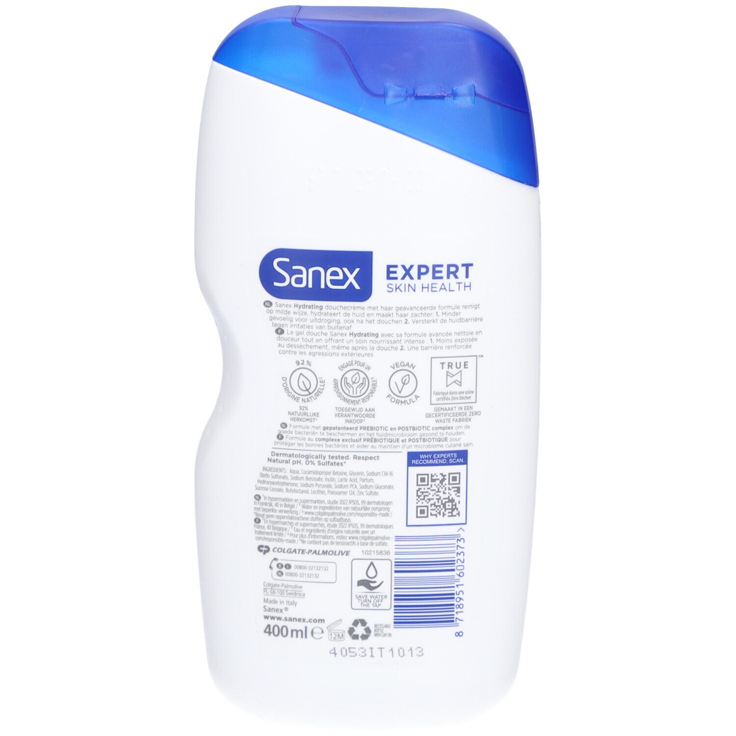 Rückseite der Sanex Expert Skin Health Duschgel-Flasche. Text und Logos. 400ml. Recycling-Symbol.