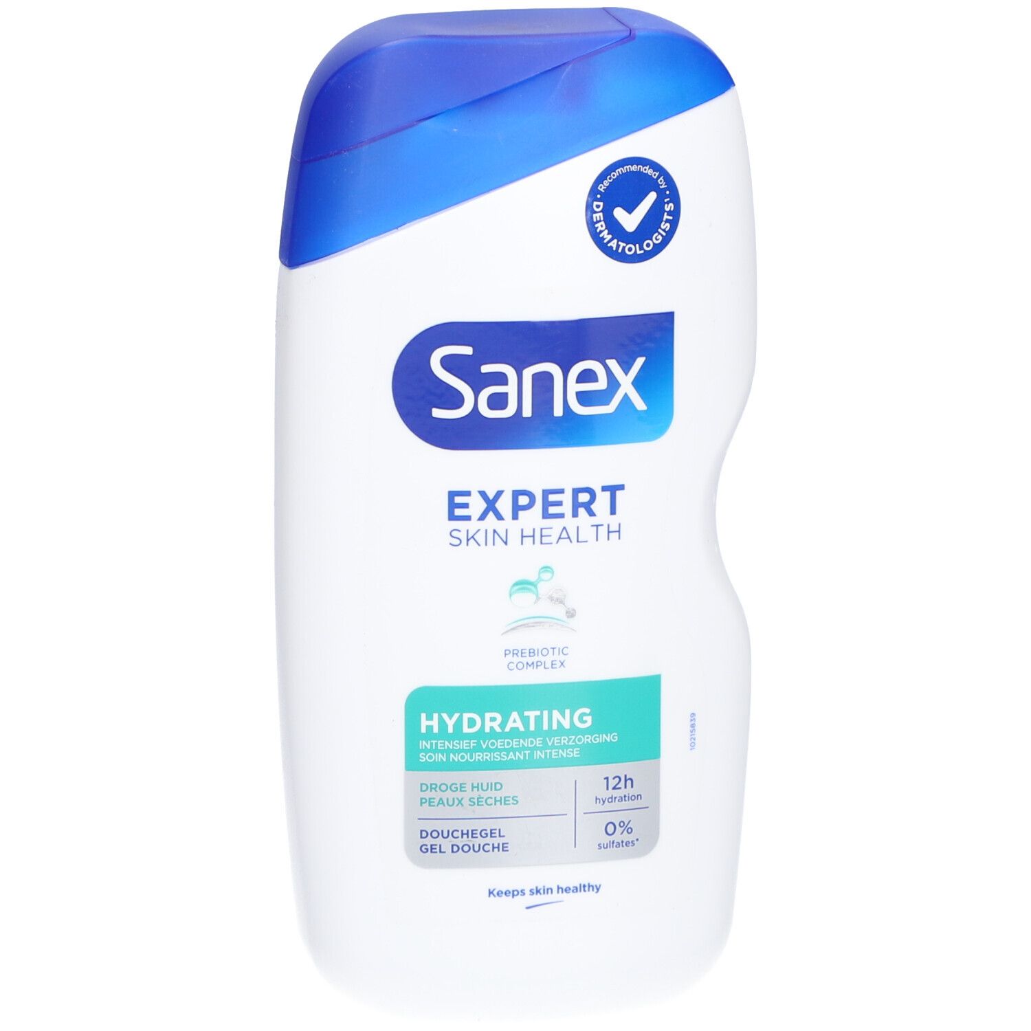 Sanex Expert Skin Health Duschgel. Weiße Flasche mit blauem Deckel. Text: Hydrating, 12h Feuchtigkeit, 0% Sulfate.