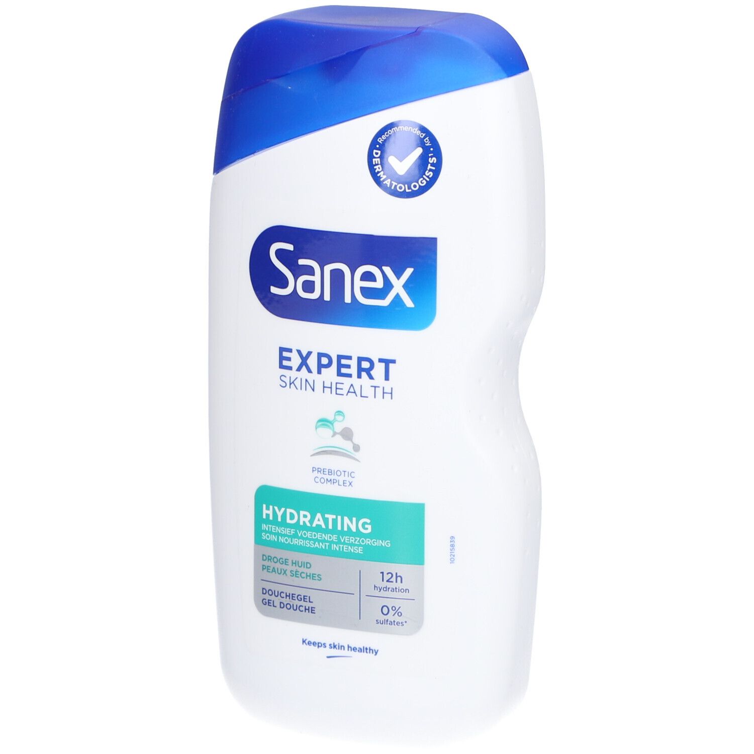 Sanex Expert Skin Health Duschgel. Weiße Flasche mit blauem Deckel. Text: Hydrating, 12h Feuchtigkeit, 0% Sulfate.