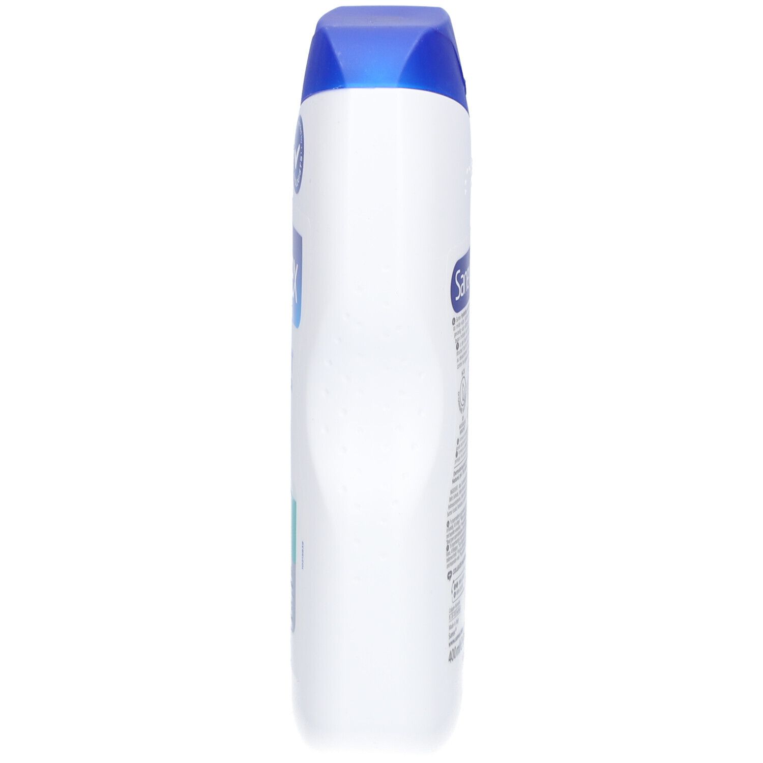 Sanex Expert Skin Health Duschgel-Flasche, Seitenansicht. Weiß mit blauem Deckel. Text nicht lesbar.