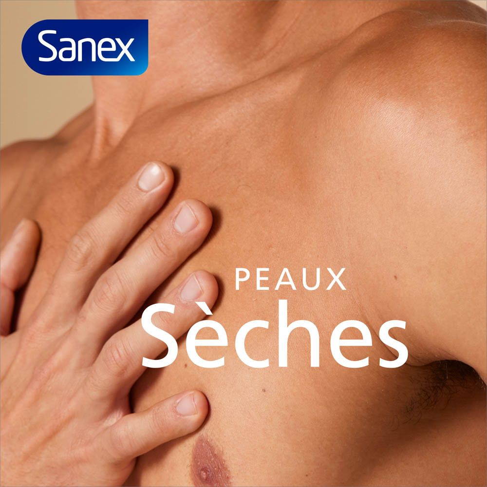 Homme touchant sa poitrine. Logo Sanex. Texte: Peaux sèches.