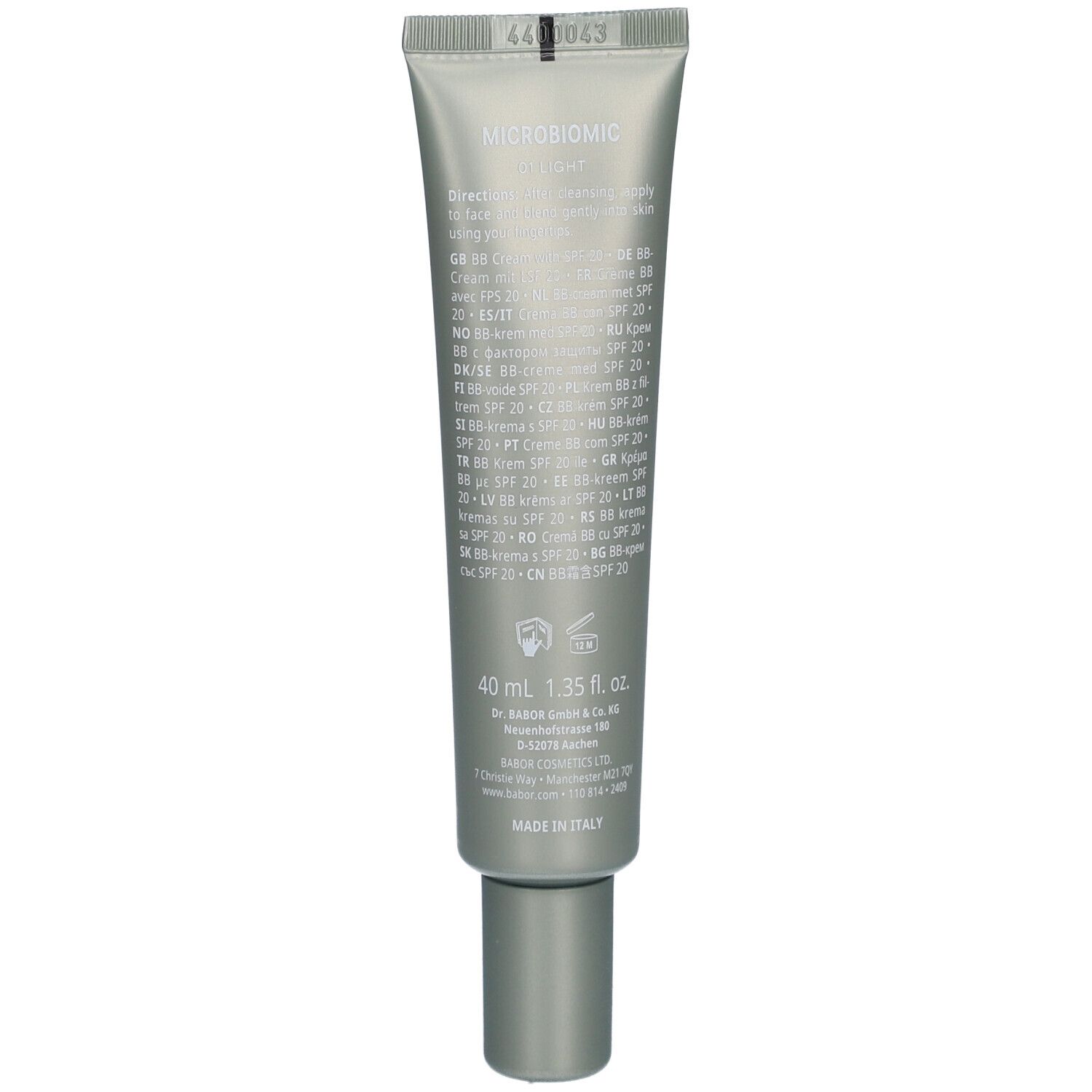 Rückseite der grauen Tube. Text mit Produktinformationen, Inhaltsstoffen und Herstellerangaben. Made in Italy.
