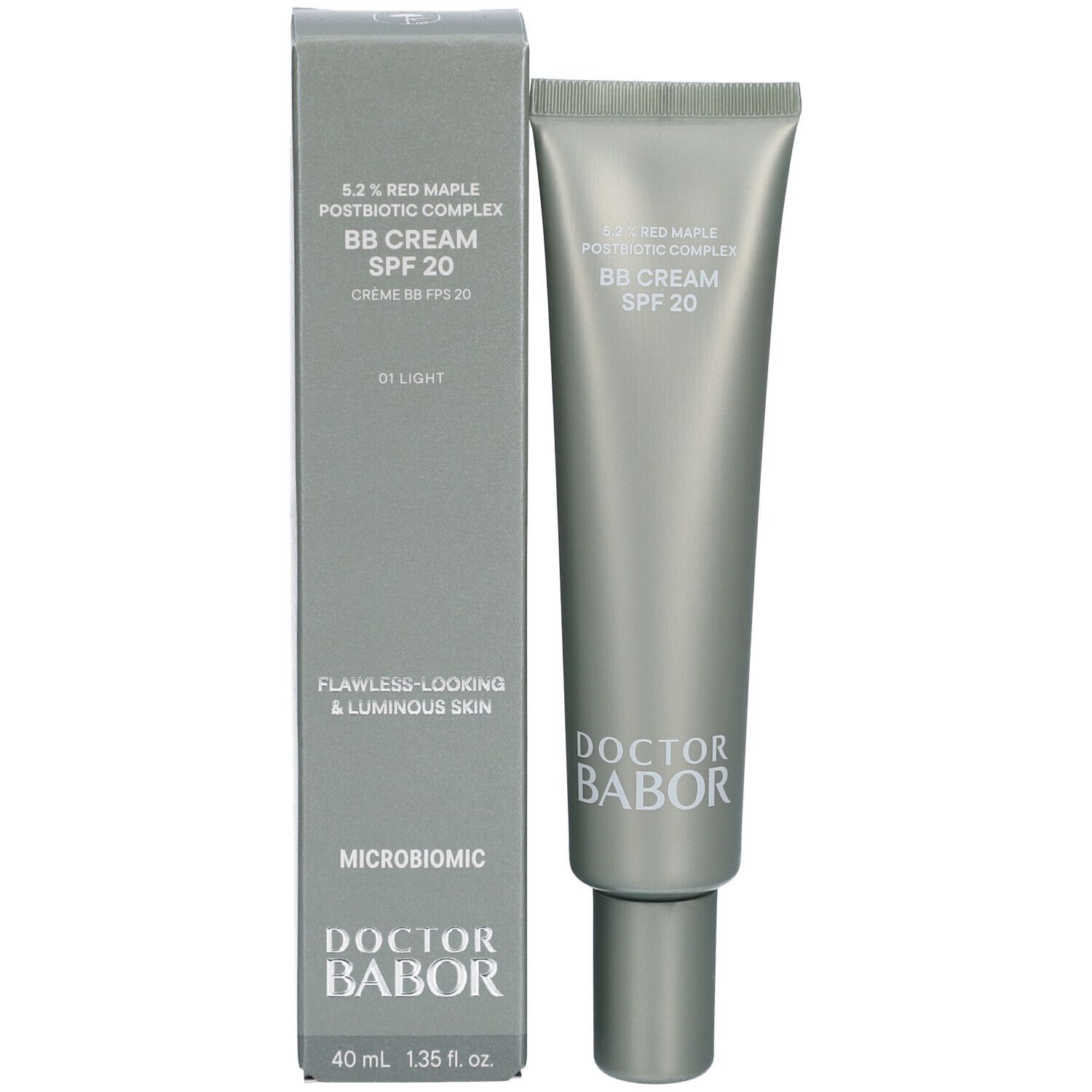 Produktverpackung mit Tube und Schachtel. BB Cream SPF 20, 01 Light. DOCTOR BABOR. Flawless-looking & luminous skin.