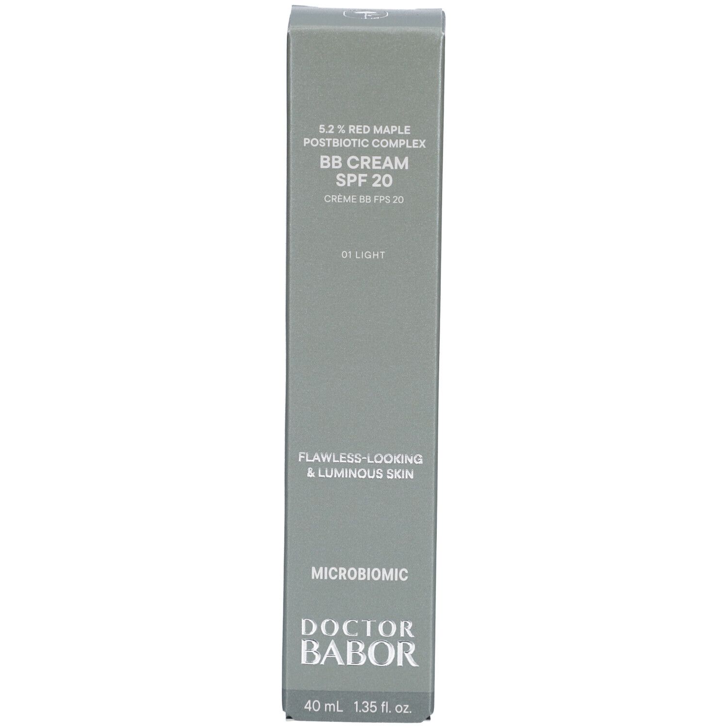Graue Schachtel mit Produktinformationen. BB Cream SPF 20, 01 Light. DOCTOR BABOR. Flawless-looking & luminous skin.