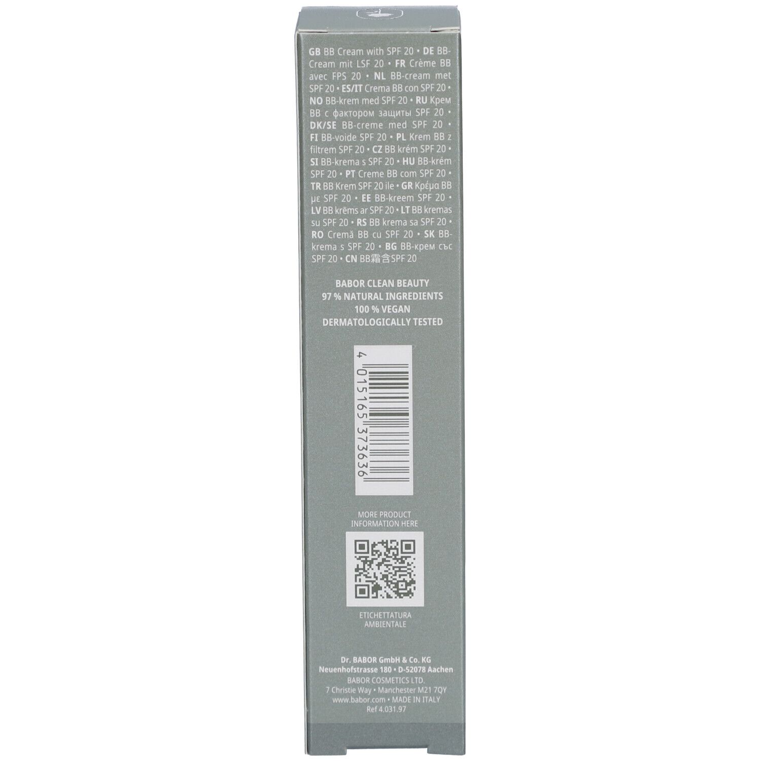 Rückseite der Schachtel mit Produktinformationen. Enthält Informationen zu Inhaltsstoffen, Zertifizierungen und Barcode.