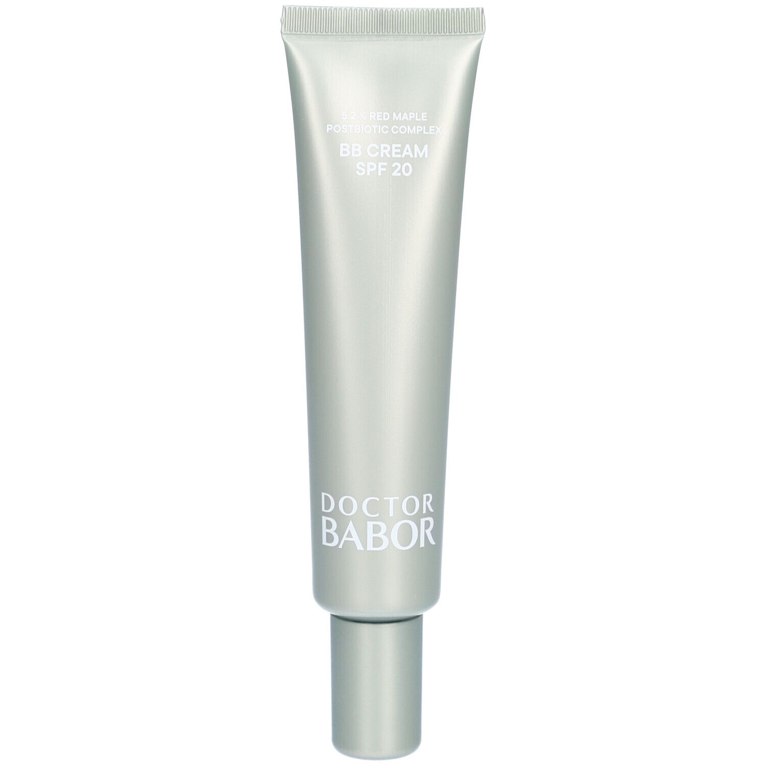 Zilverkleurige tube met BB Cream SPF 20. Opschrift: Doctor Babor. Dop onderaan.
