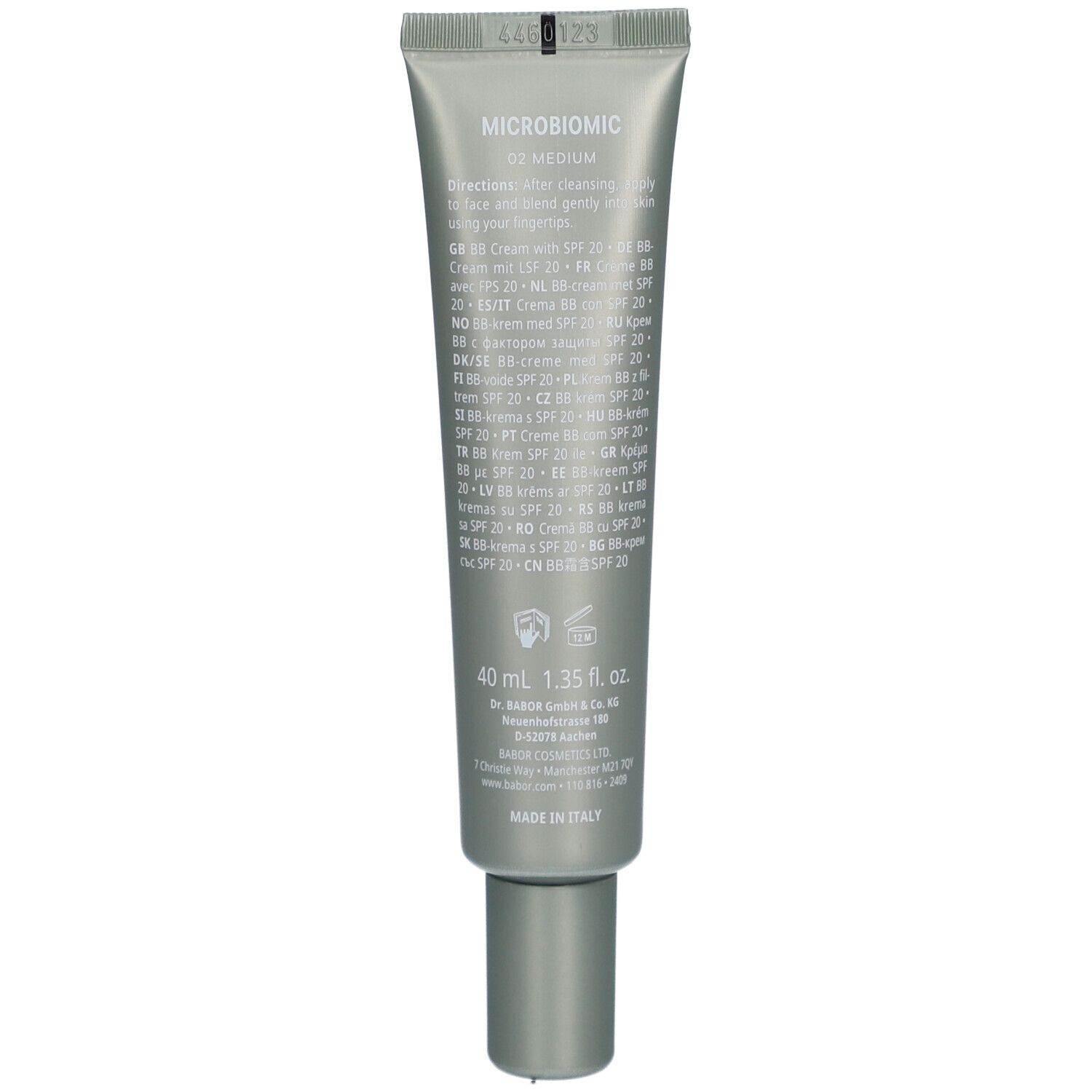 Achterkant van de tube. Tekst in meerdere talen. 40 ml. 1.35 fl. oz. Made in Italy.