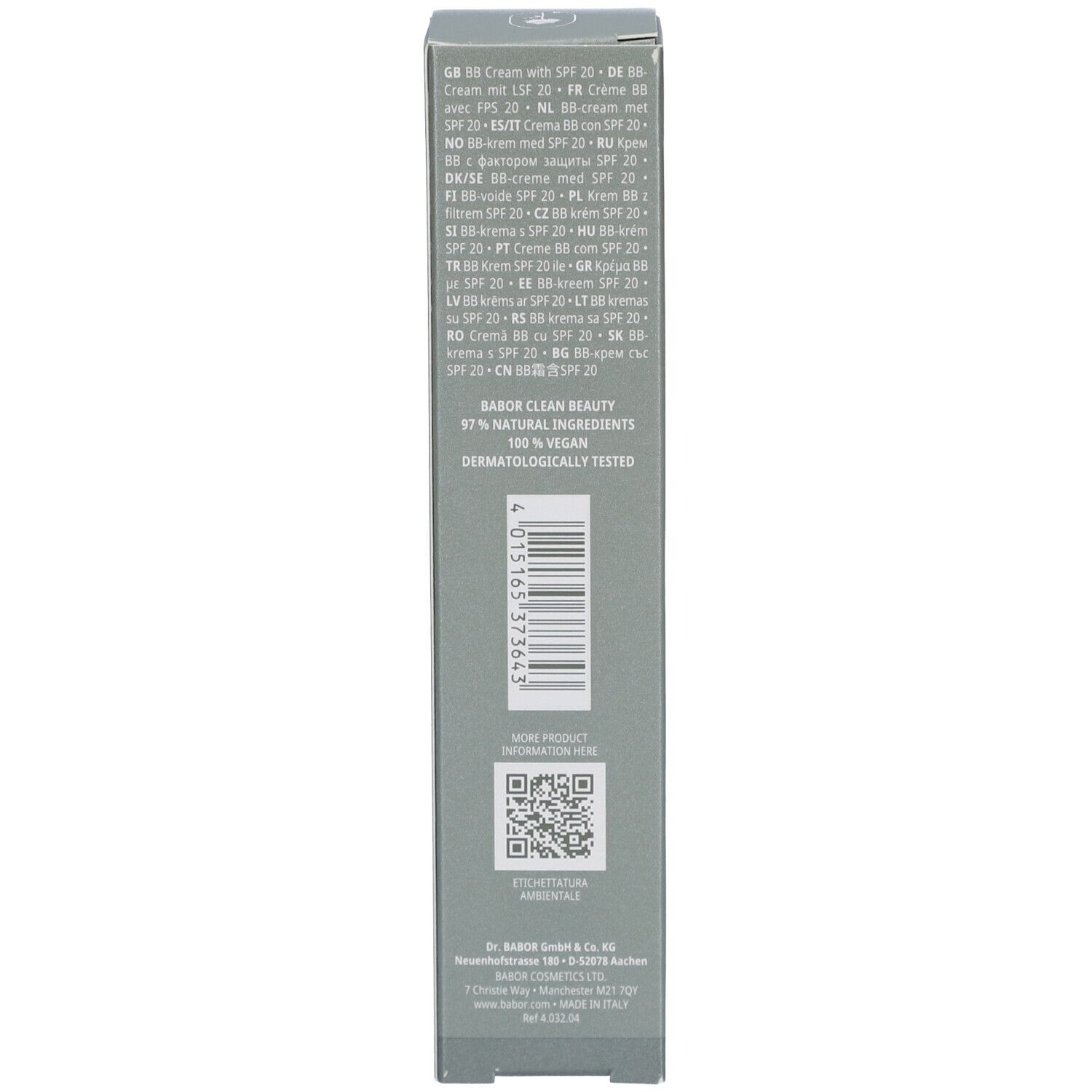 Doos, zijkant met tekst in meerdere talen. Barcode en QR-code.