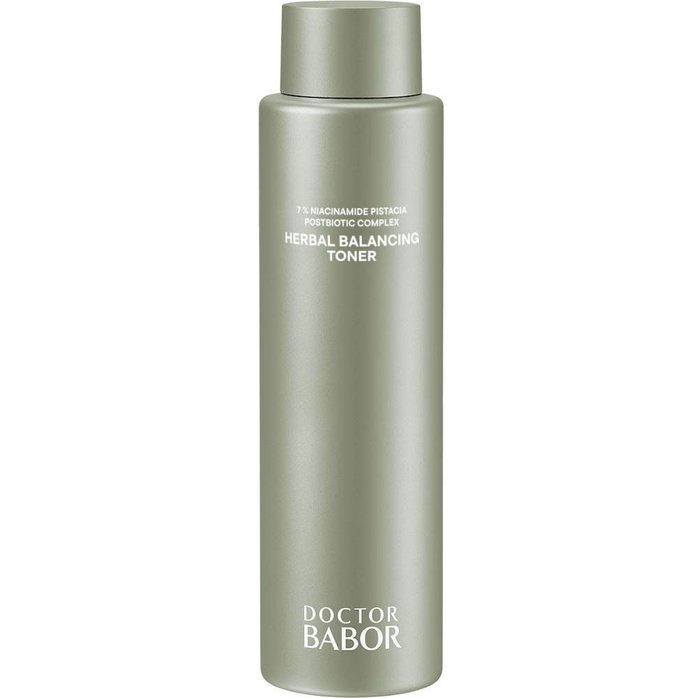 Zylindrische Flasche mit Deckel. Aufschrift: Herbal Balancing Toner, Doctor Babor.