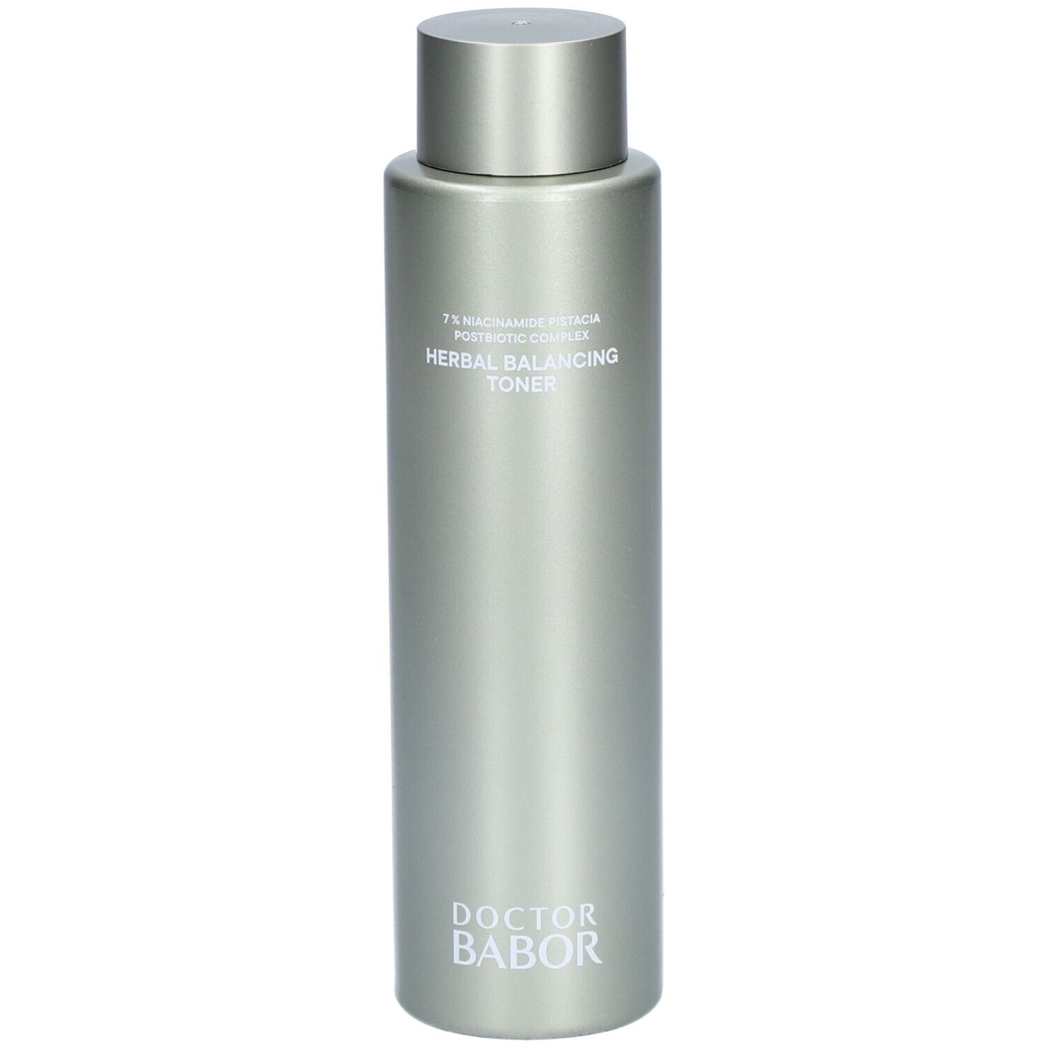 Silberne Flasche mit silbernem Deckel. Aufschrift: Herbal Balancing Toner, Doctor Babor.