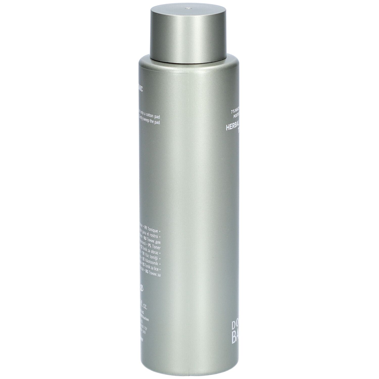 Silberne Flasche. Aufschrift: Herbal Balancing Toner. Text in mehreren Sprachen.