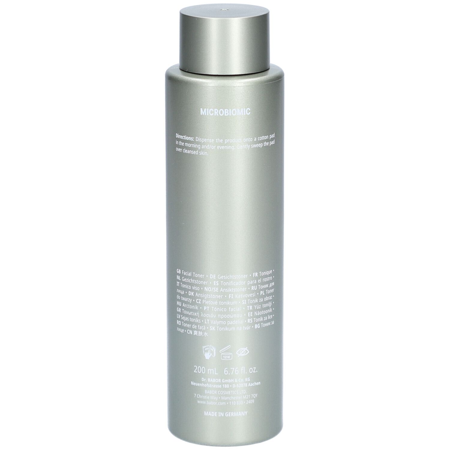 Silberne Flasche. Aufschrift: 200 ml, Inhaltsstoffe, Herstellerinformationen.