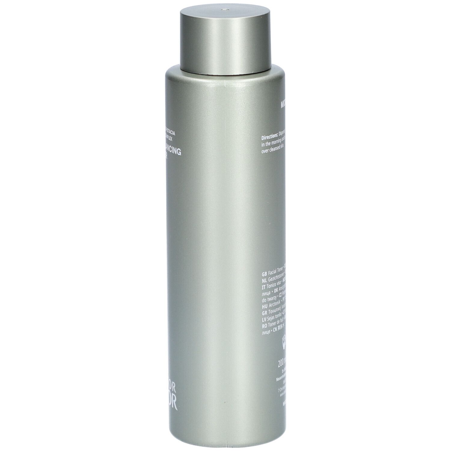 Silberne Flasche. Aufschrift: Herbal Balancing Toner, Doctor Babor. Text in mehreren Sprachen.