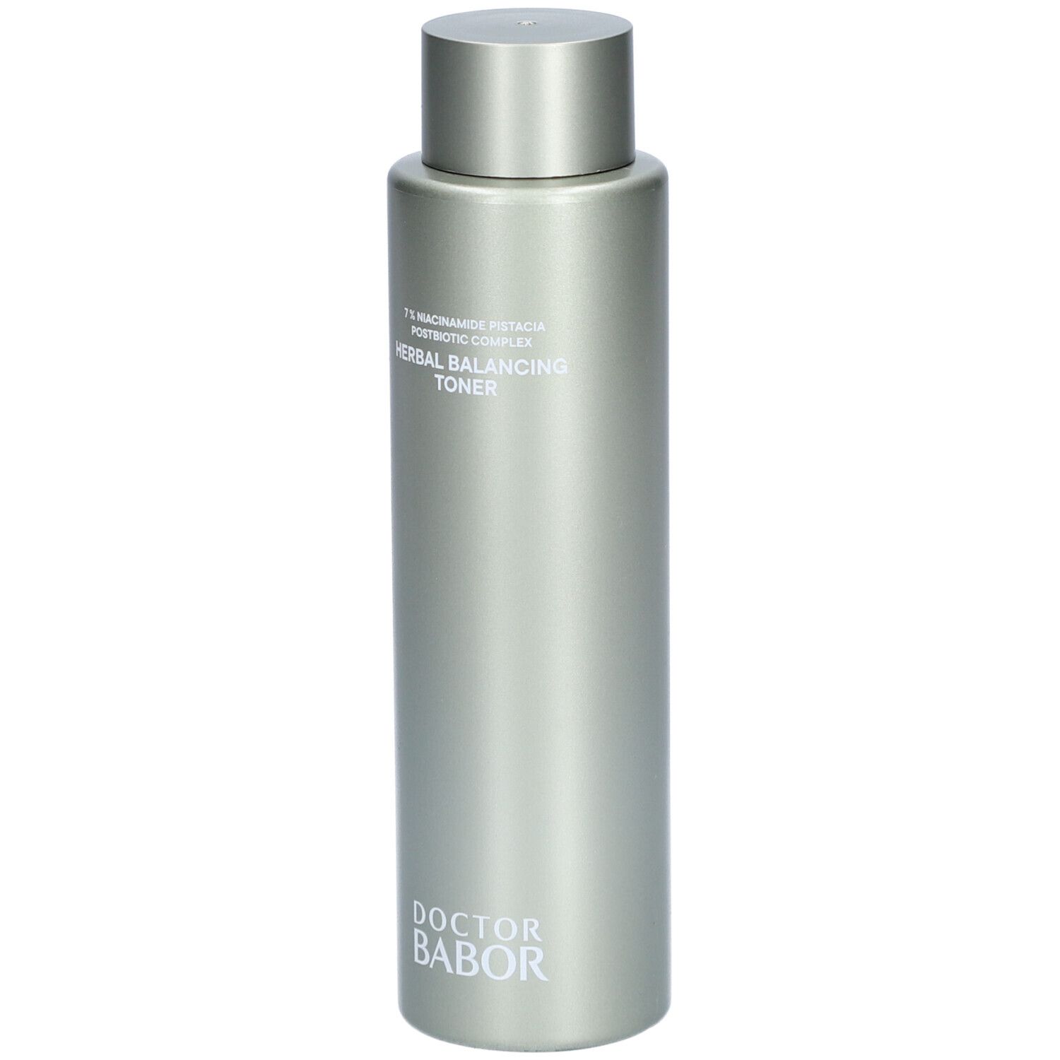 Silberne Flasche mit silbernem Deckel. Aufschrift: Herbal Balancing Toner, Doctor Babor.