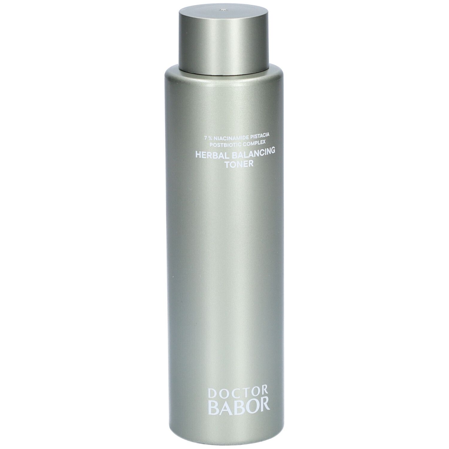 Silberne Flasche mit silbernem Deckel. Aufschrift: Herbal Balancing Toner, Doctor Babor.