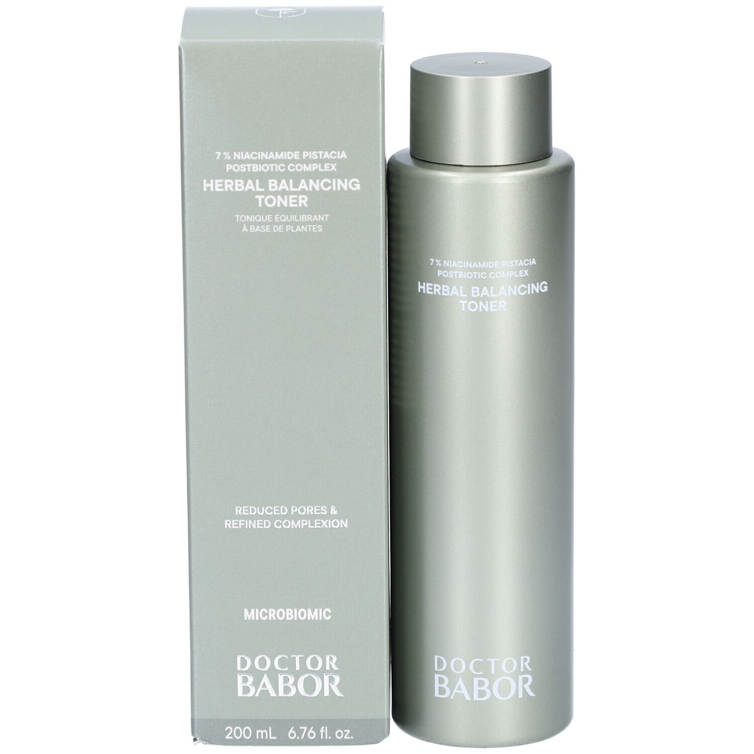 Produktflasche und Verpackung. Aufschrift: Herbal Balancing Toner, Doctor Babor, 200 ml.