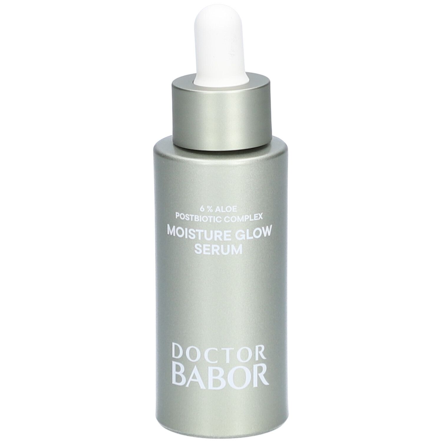 Silberne Serumflasche mit weißem Applikator. Aufschrift: Moisture Glow Serum, Doctor Babor.