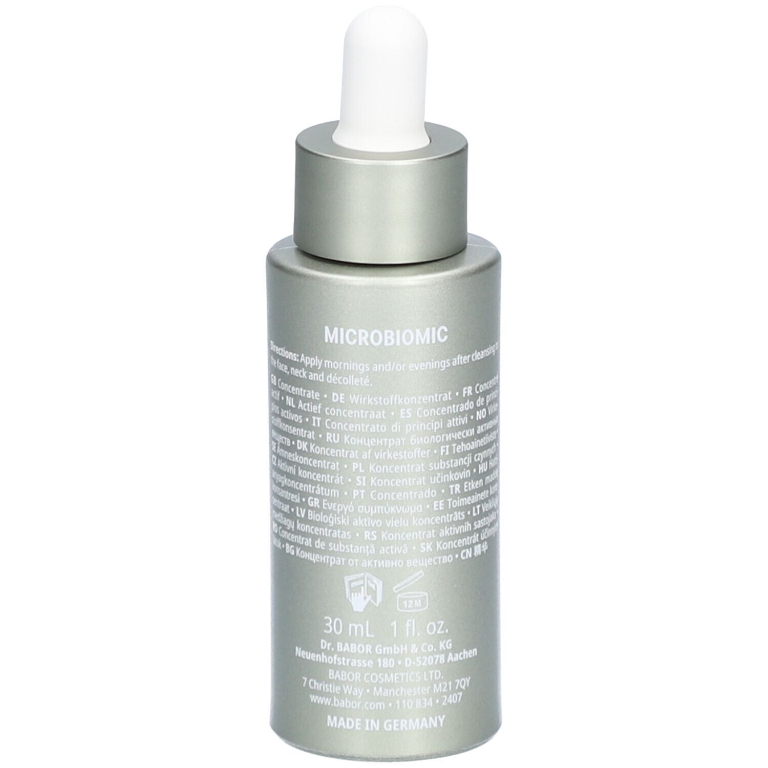 Rückansicht der Serumflasche. Aufschrift: 30 ml, 1 fl. oz., Doctor Babor, Made in Germany.