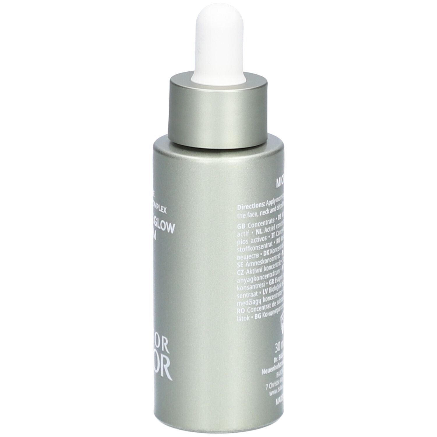 Seitenansicht der Serumflasche. Aufschrift: Moisture Glow Serum, Doctor Babor, Anwendungshinweise.
