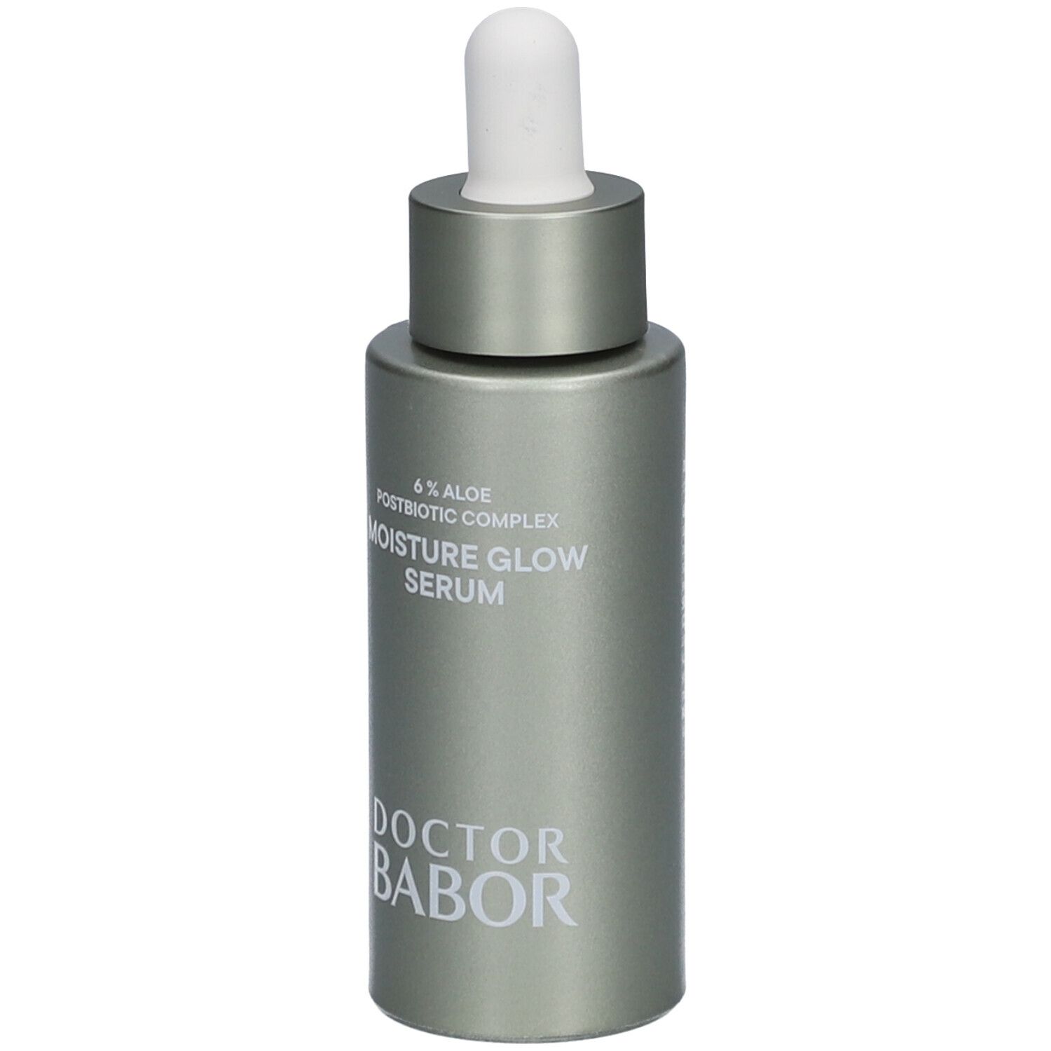 Silberne Serumflasche mit weißem Applikator. Aufschrift: Moisture Glow Serum, Doctor Babor.