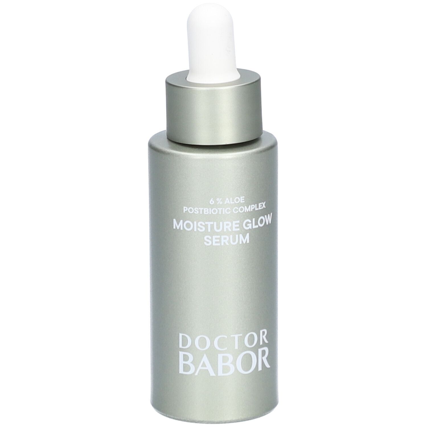 Silberne Serumflasche mit weißem Applikator. Aufschrift: Moisture Glow Serum, Doctor Babor.