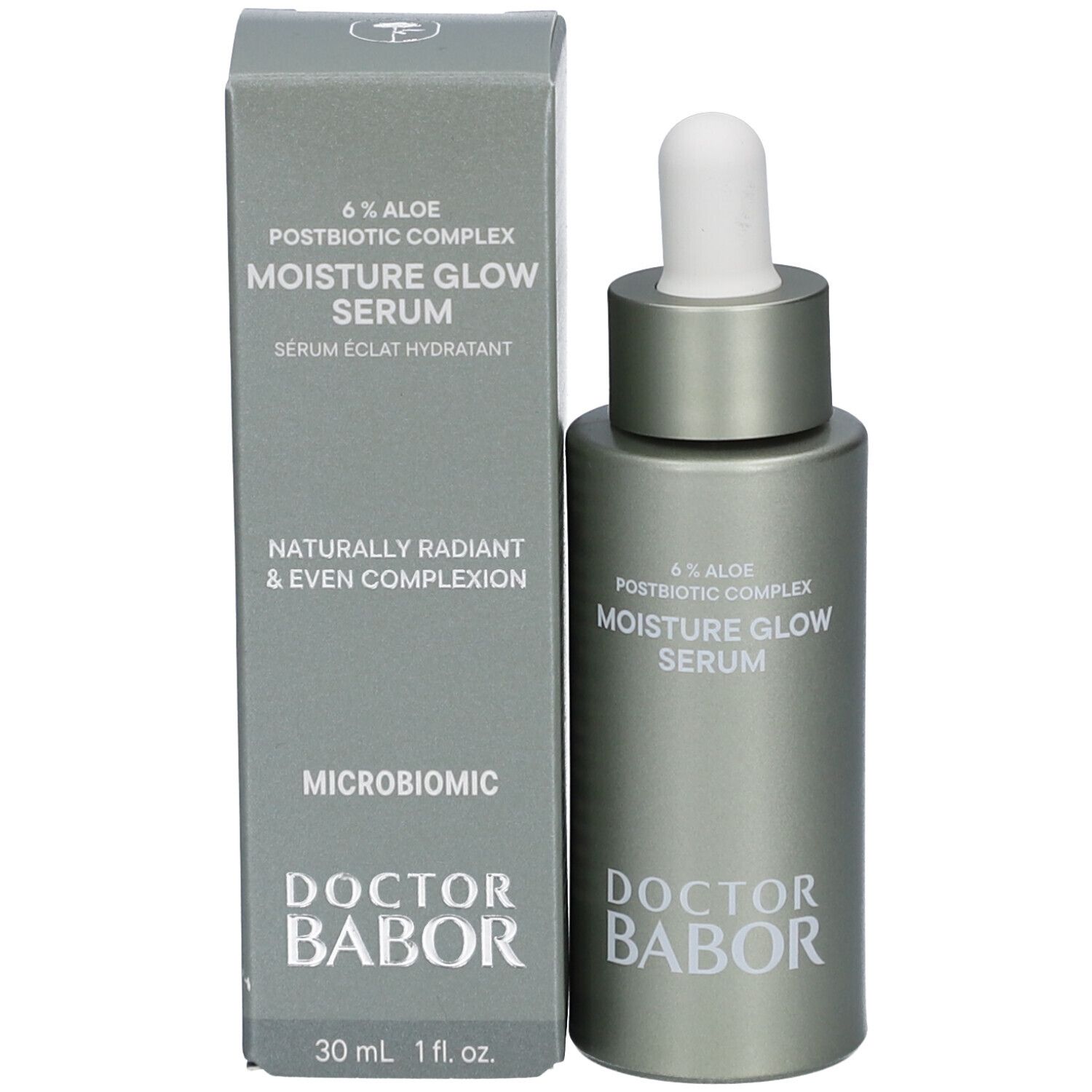 Serumflasche und Schachtel. Aufschrift: Moisture Glow Serum, Doctor Babor, 30 ml, 1 fl. oz.