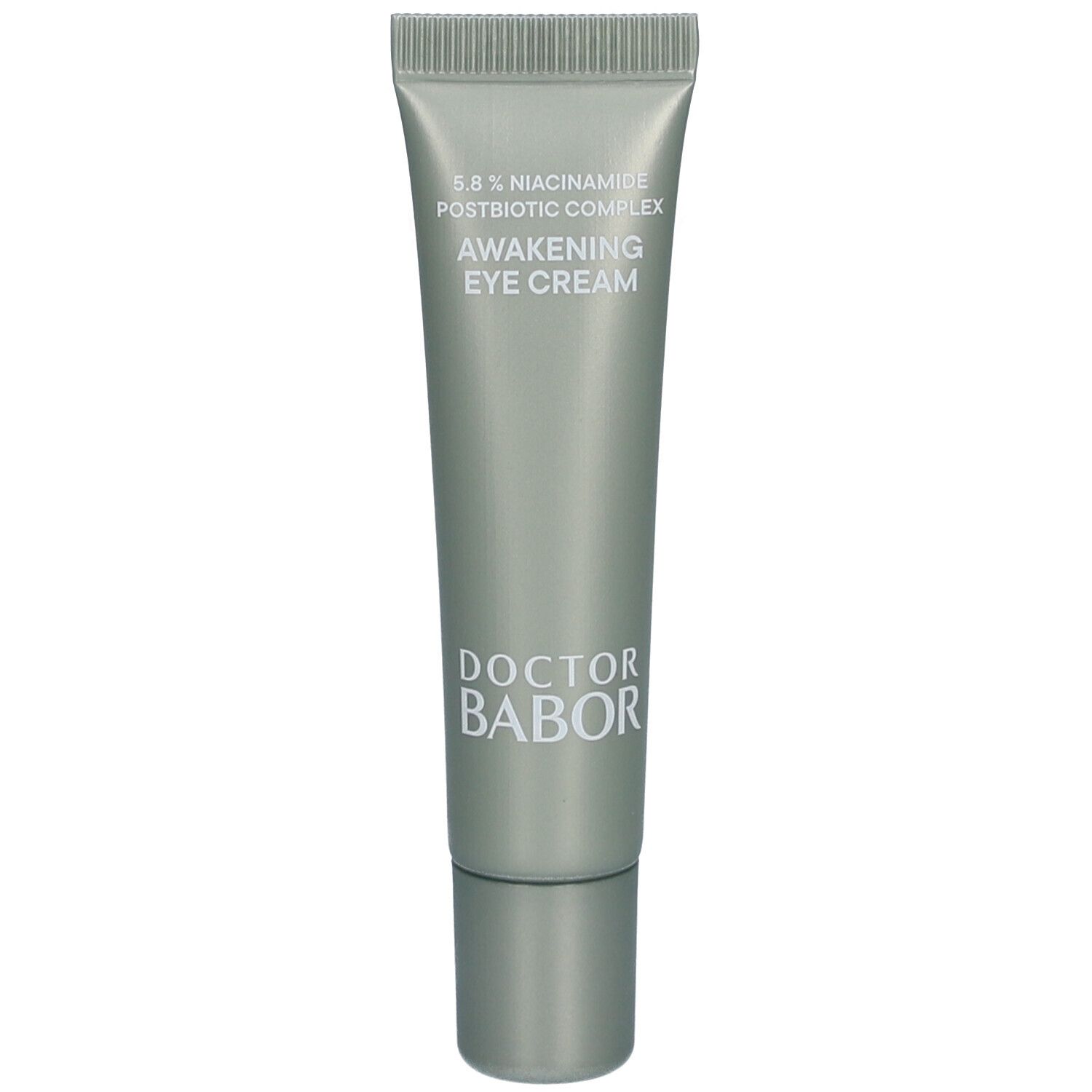 Grijze tube oogcrème. Opschrift: 5.8% Niacinamide, Postbiotic Complex, Awakening Eye Cream. Merk: Doctor Babor.
