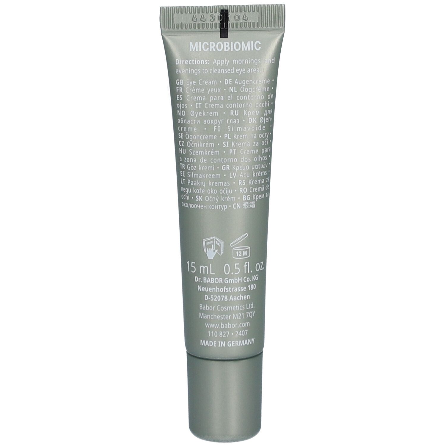 Achterkant van de tube oogcrème. Meertalige tekst. Opschrift: 15 ml 0.5 fl. oz. Merk: Dr. Babor.