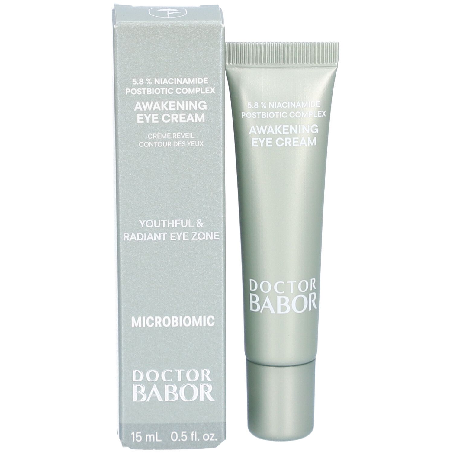 Productverpakking met tube. Opschrift: Awakening Eye Cream, 15 ml 0.5 fl. oz. Merk: Doctor Babor. Met doos.