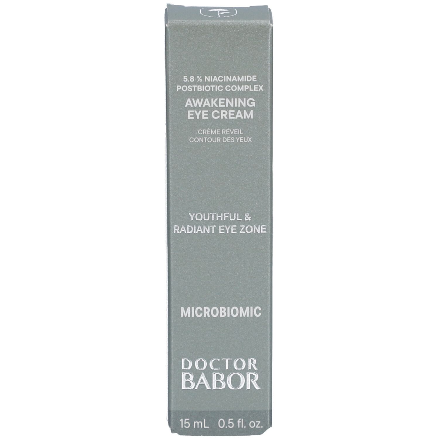 Grijze doos met oogcrème. Opschrift: Awakening Eye Cream. Merk: Doctor Babor. Inhoud: 15 ml 0.5 fl. oz.
