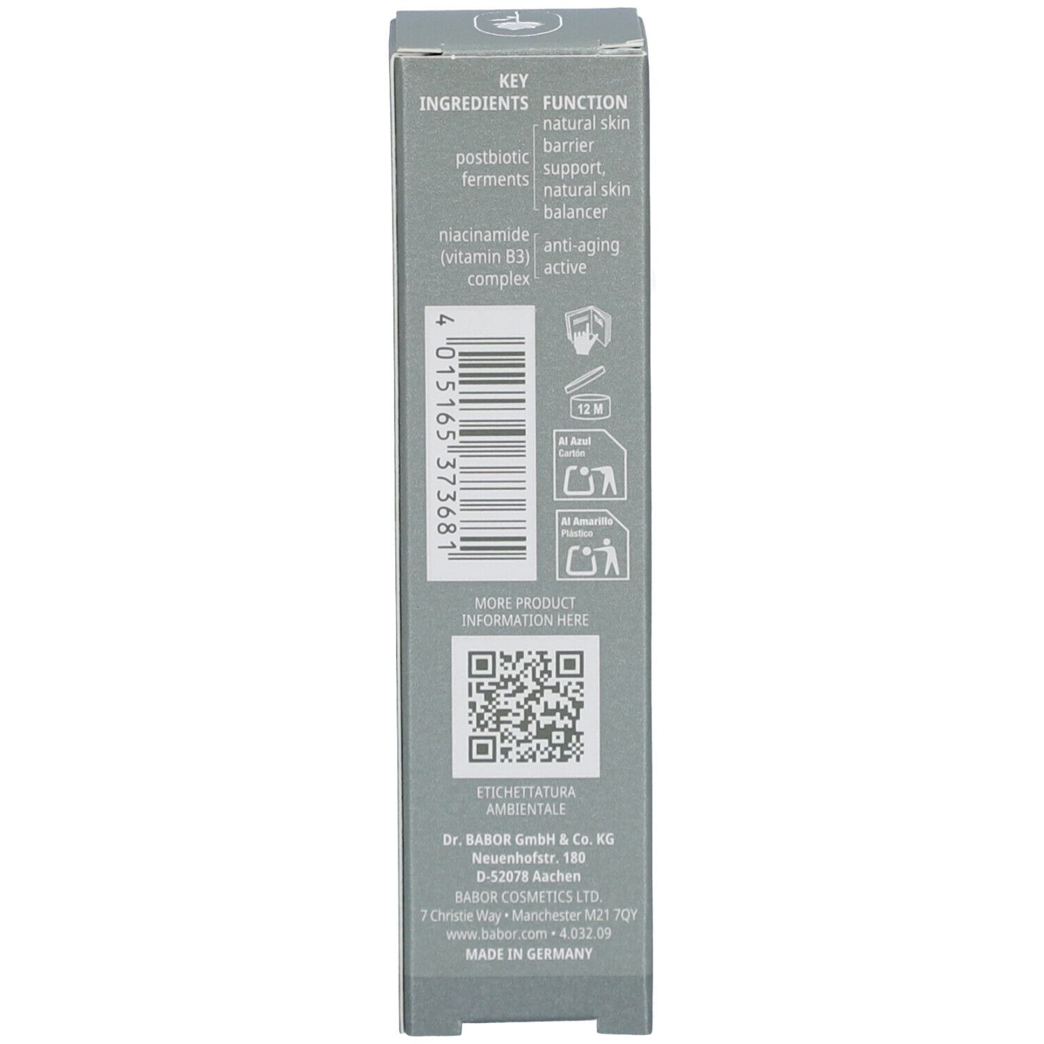 Zijkant van de doos met informatie. Bevat QR-code, ingrediënten en fabrikantgegevens.