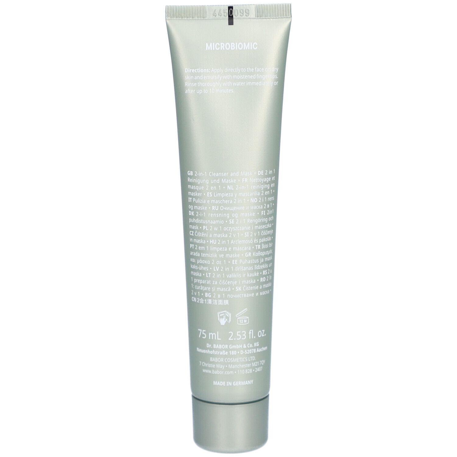 Rückseite der Tube. Text in mehreren Sprachen. Volumen: 75 ml. Marke: DOCTOR BABOR. Produktinformationen und Volumenangabe.