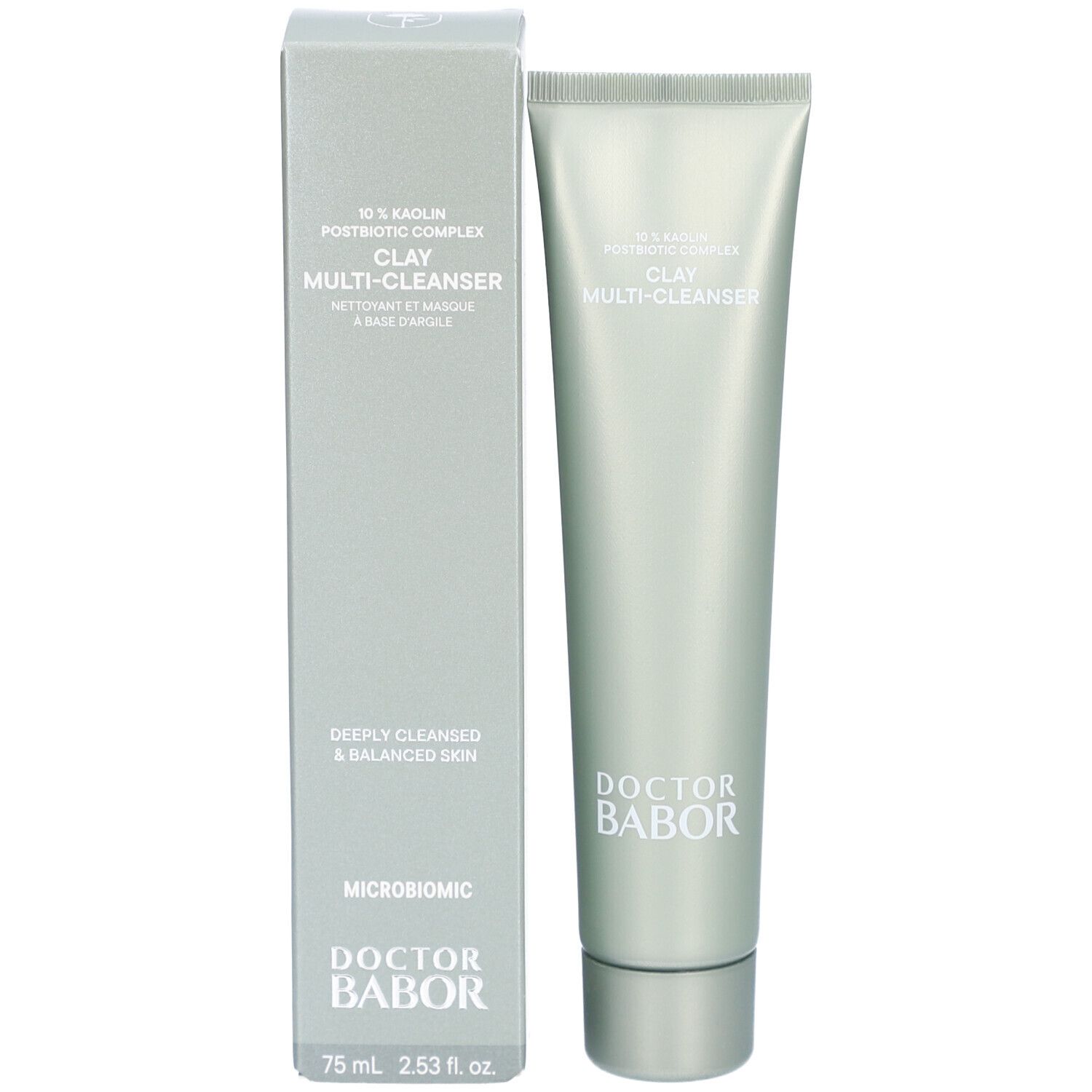 Produktverpackung mit Tube und Karton. Aufschrift: CLAY MULTI-CLEANSER und DOCTOR BABOR. Produktname und Marke sind sichtbar.