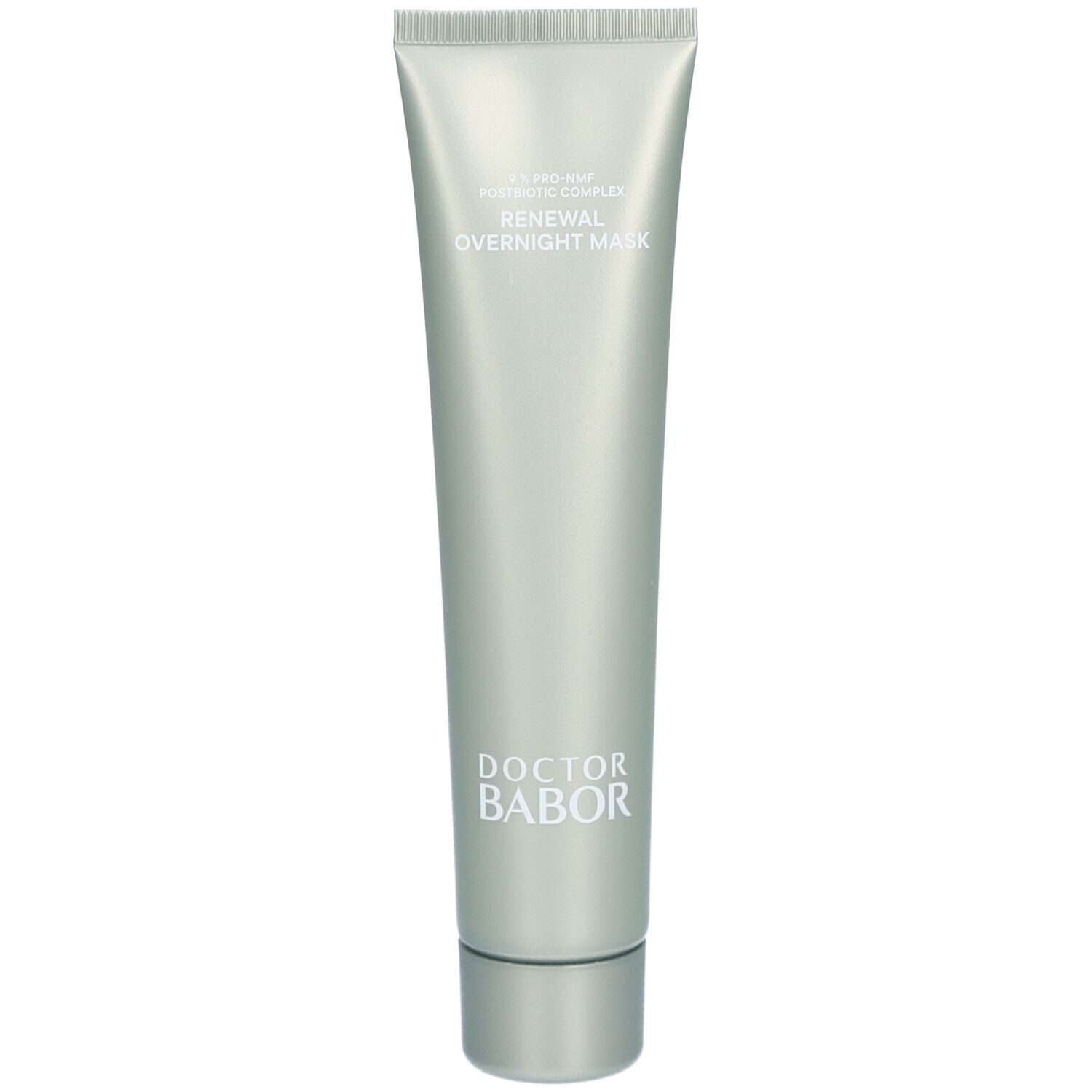 Tube argentée avec bouchon à vis. Inscription : Renewal Overnight Mask. Marque : Doctor Babor.