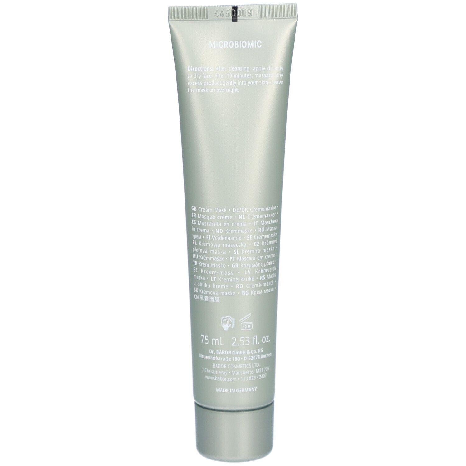 Dos du tube. Texte en plusieurs langues. Volume : 75 ml. Marque : Doctor Babor. Fabriqué en Allemagne.