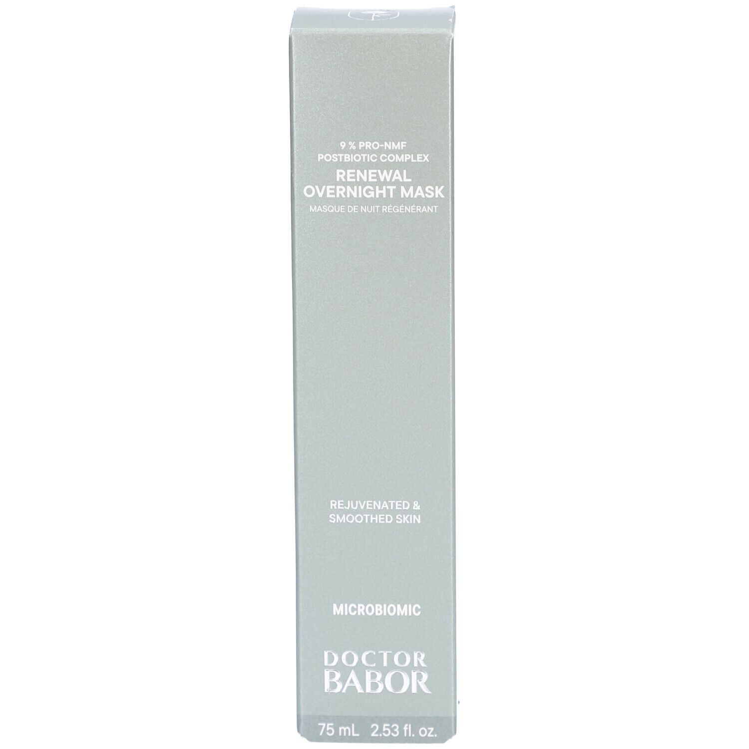 Boîte avec inscription : Renewal Overnight Mask. Marque : Doctor Babor. Texte : Rejuvenated & Smoothed Skin.