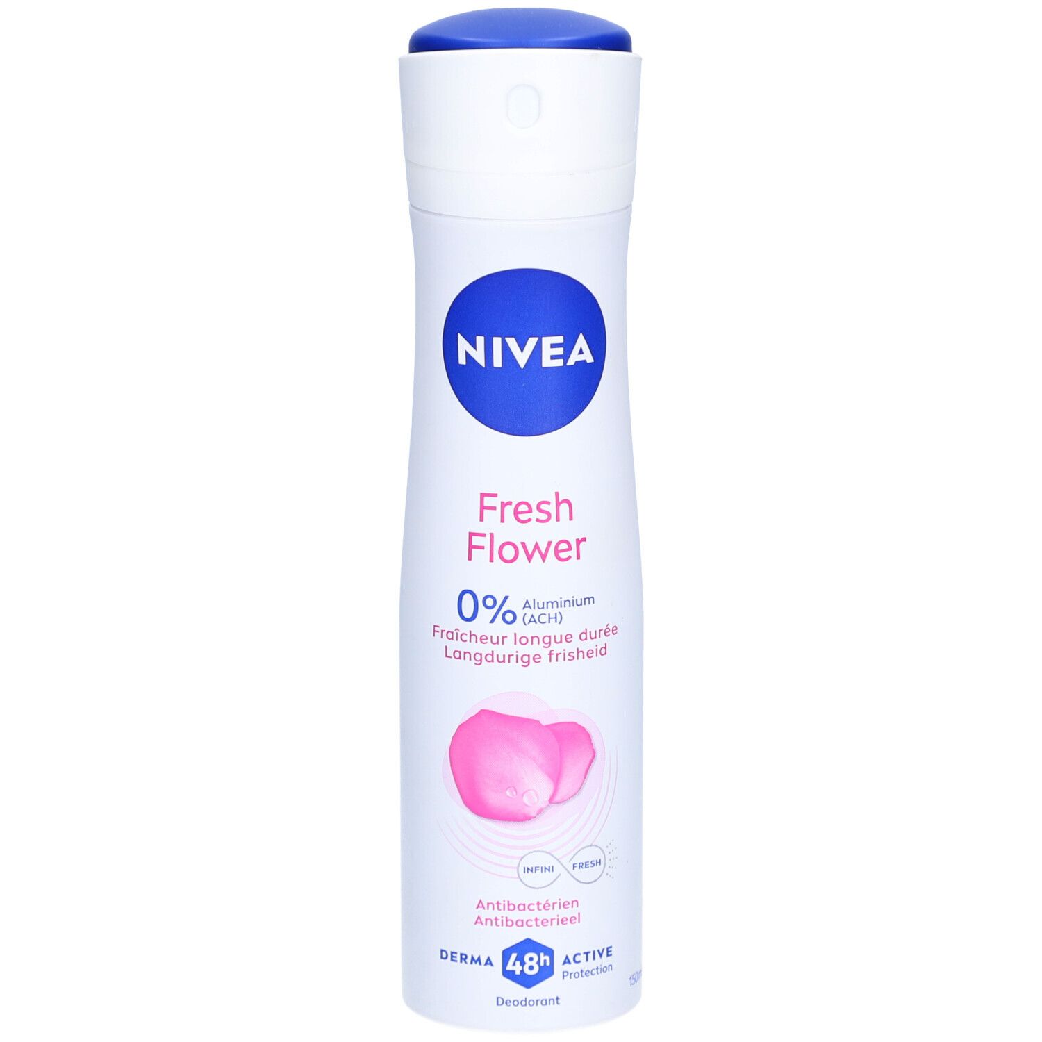 Weißes Deodorant-Spray mit blauem Deckel. NIVEA-Logo, Schriftzug 'Fresh Flower', 0% Aluminium, rosa Blüten.