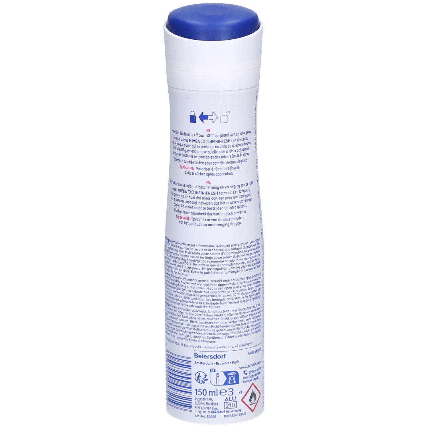 Rückseite des Deodorant-Sprays. Text in mehreren Sprachen. Blaues Deckel, weiße Flasche, Herstellerinformationen.