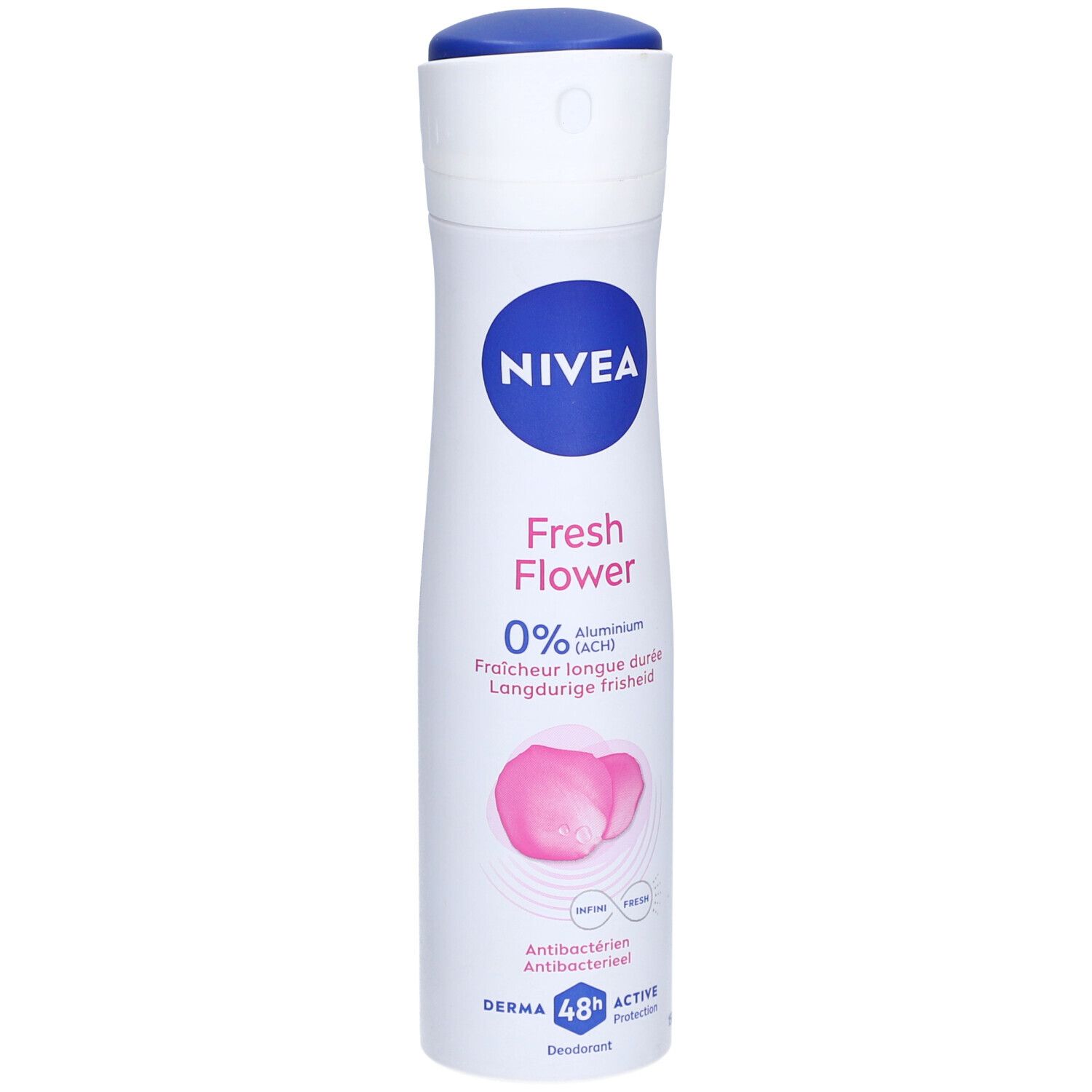 Deodorant-Spray, Frontansicht. Weißes Gehäuse, blaues Deckel, NIVEA-Logo, 'Fresh Flower', 0% Aluminium.