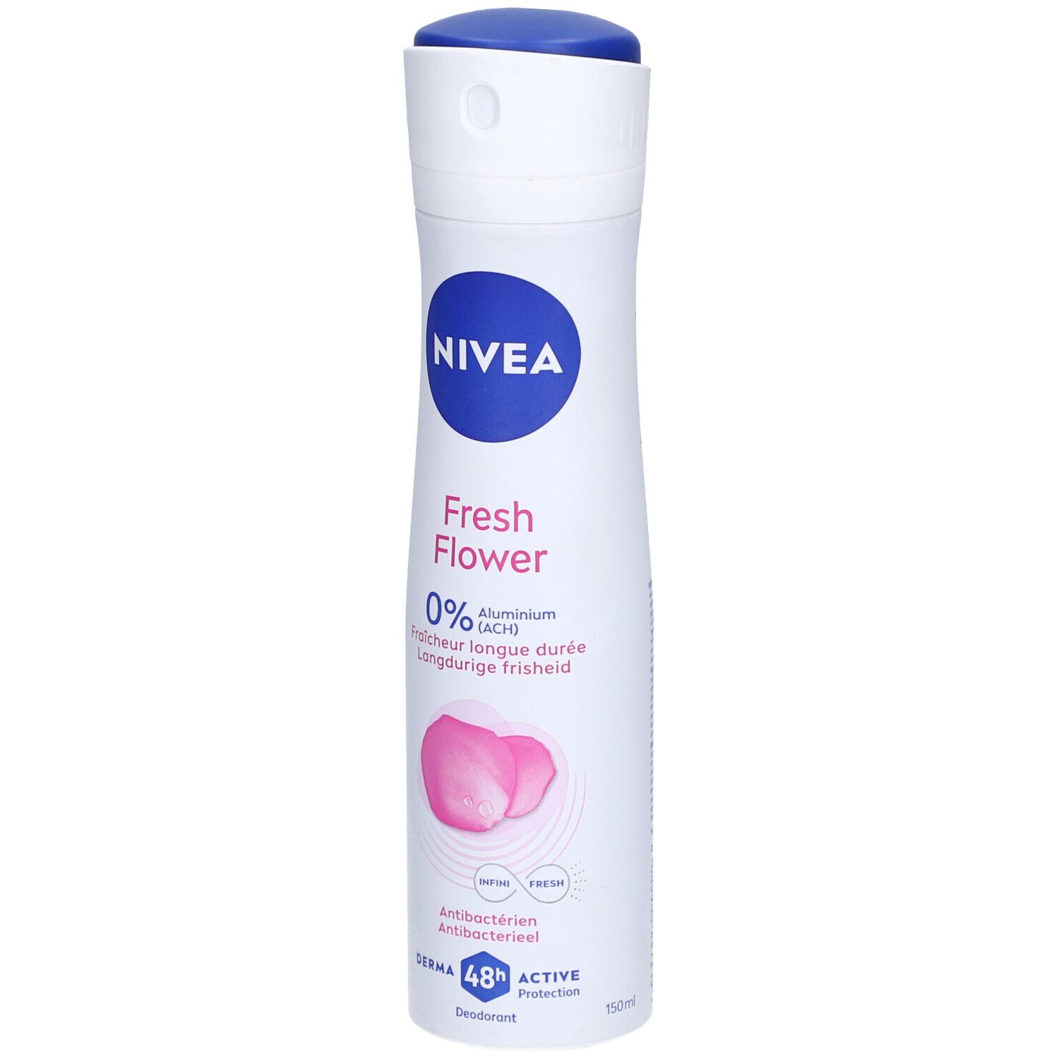 Deodorant-Spray, Frontansicht. Weißes Gehäuse, blaues Deckel, NIVEA-Logo, 'Fresh Flower', 0% Aluminium.