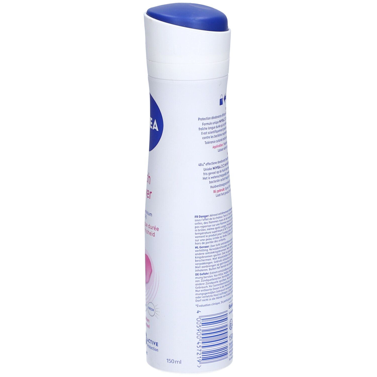 Deodorant-Spray, Seitenansicht. Weißes Gehäuse, blaues Deckel, Text und Logos sichtbar, 150ml.
