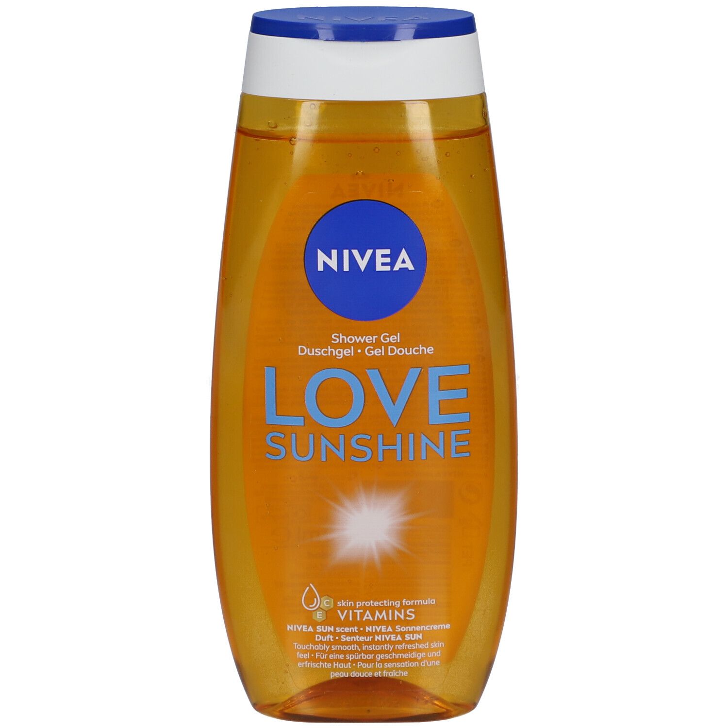 Nivea Love Sunshine Gel Douche. Gele fles met blauwe dop. Opschrift: NIVEA, LOVE SUNSHINE, Duschgel.