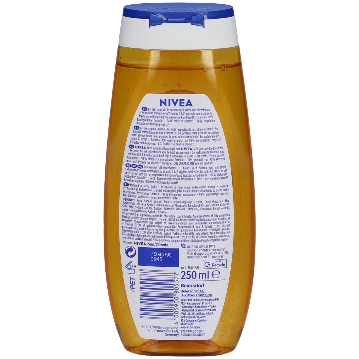 Achterkant van de Nivea Love Sunshine Gel Douche fles. Gele vloeistof zichtbaar. Opschrift: NIVEA, 250 ml, recyclingsymbool.
