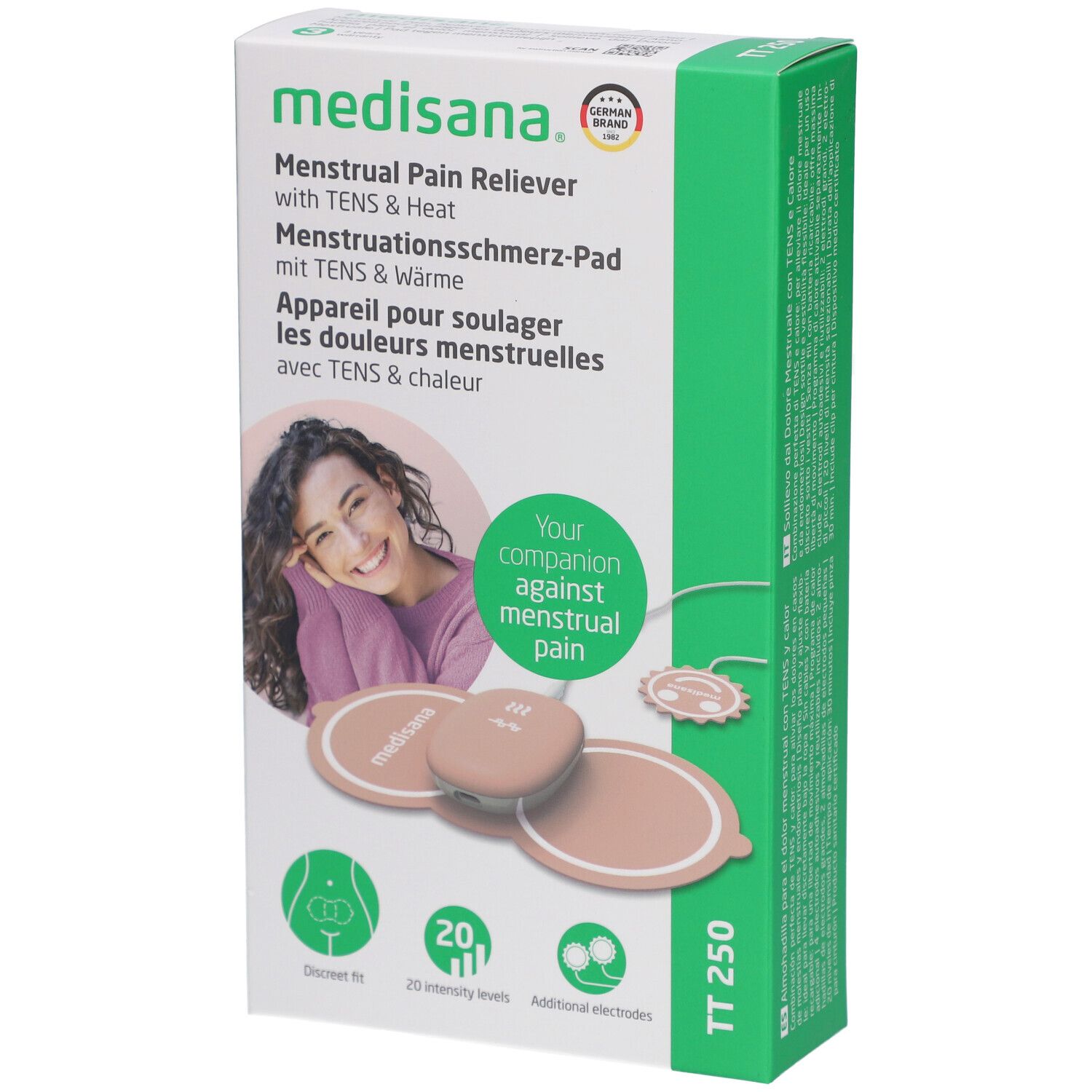 Verpackung des medisana TT 250 Menstruationsschmerz-Pad. Produktabbildung, Logo, Text in Deutsch, Englisch, Französisch.