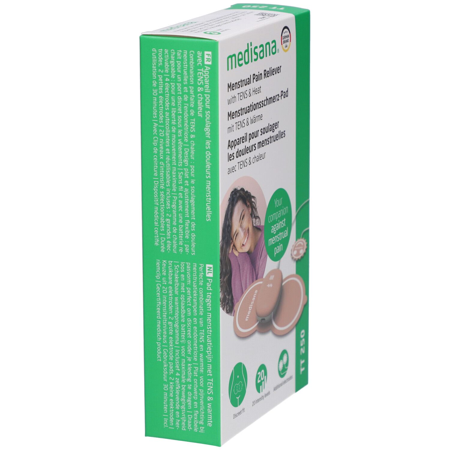 Seitenansicht der medisana TT 250 Verpackung. Text in Deutsch, Englisch, Französisch. Produktabbildung und Logo.