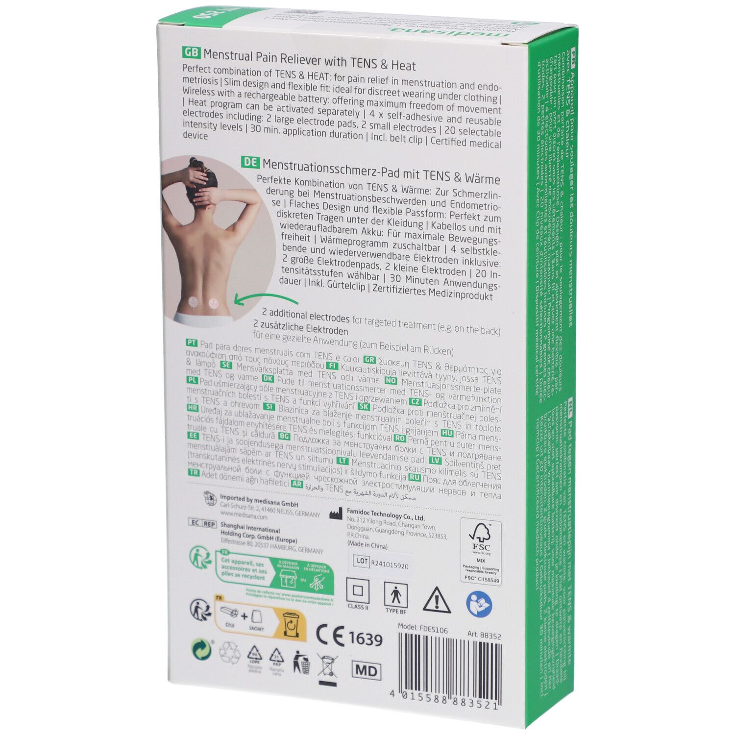 Rückseite der medisana TT 250 Verpackung. Text in Deutsch, Englisch, Französisch. Produktabbildung und Logos.