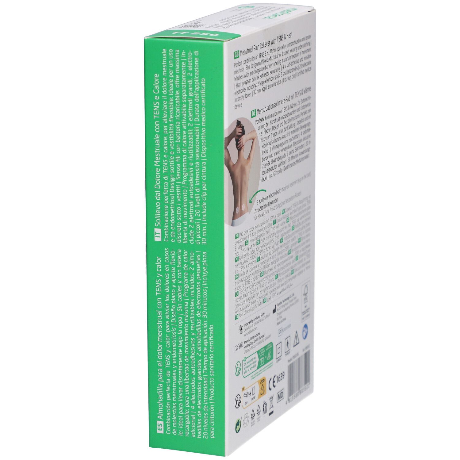 Seitenansicht der medisana TT 250 Verpackung. Text in Deutsch, Englisch, Französisch. Produktabbildung und Logos.