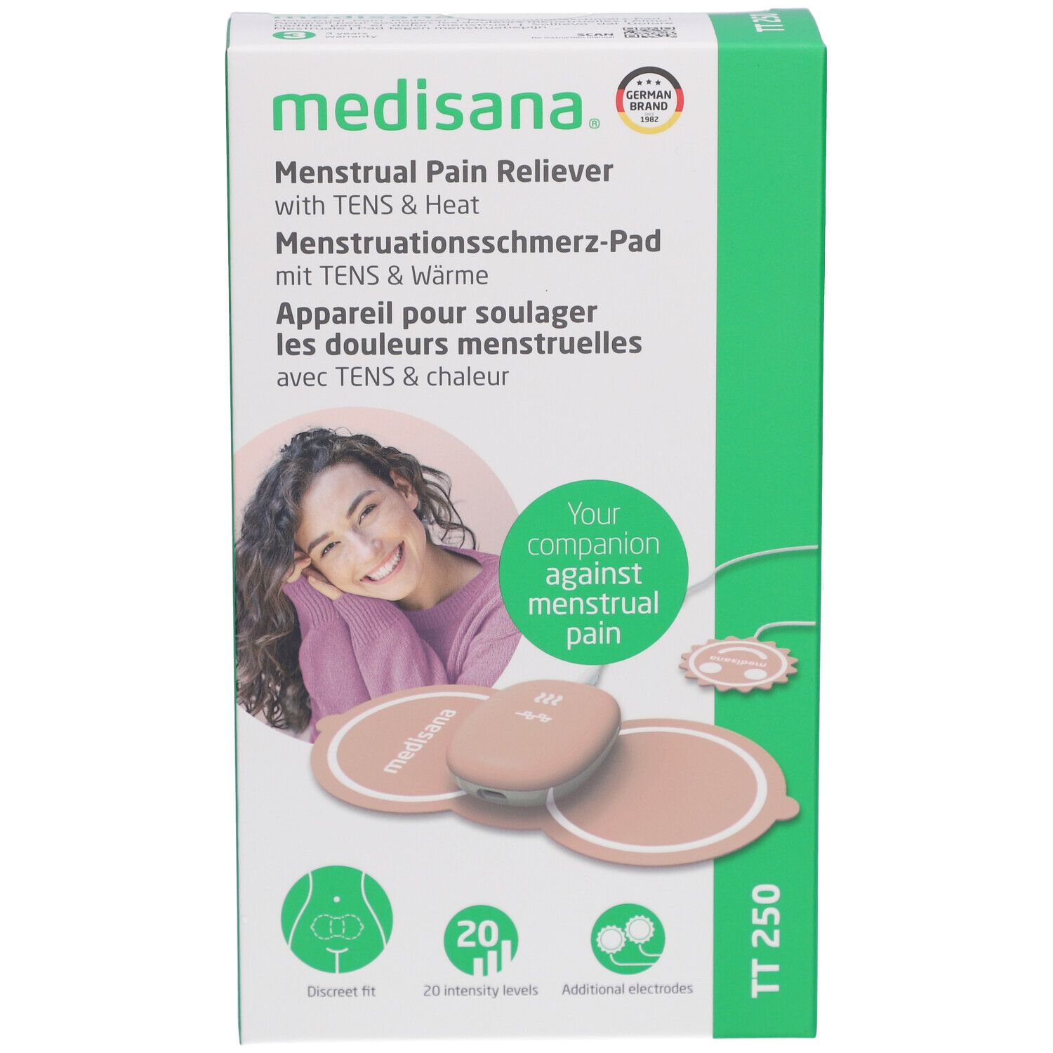 Verpackung des medisana TT 250 Menstruationsschmerz-Pad. Produktabbildung, Logo, Text in Deutsch, Englisch, Französisch.