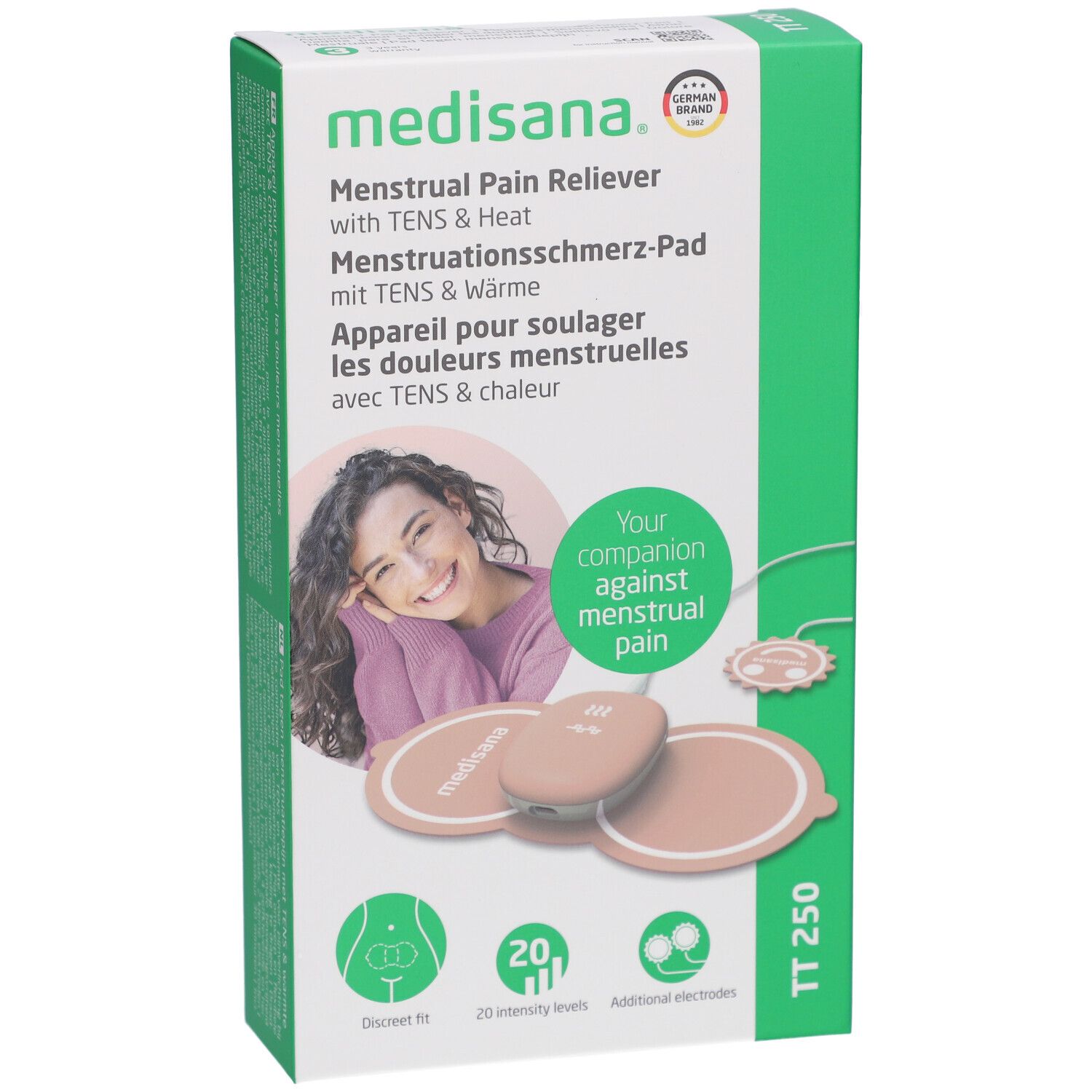 Verpackung des medisana TT 250 Menstruationsschmerz-Pad. Produktabbildung, Logo, Text in Deutsch, Englisch, Französisch.